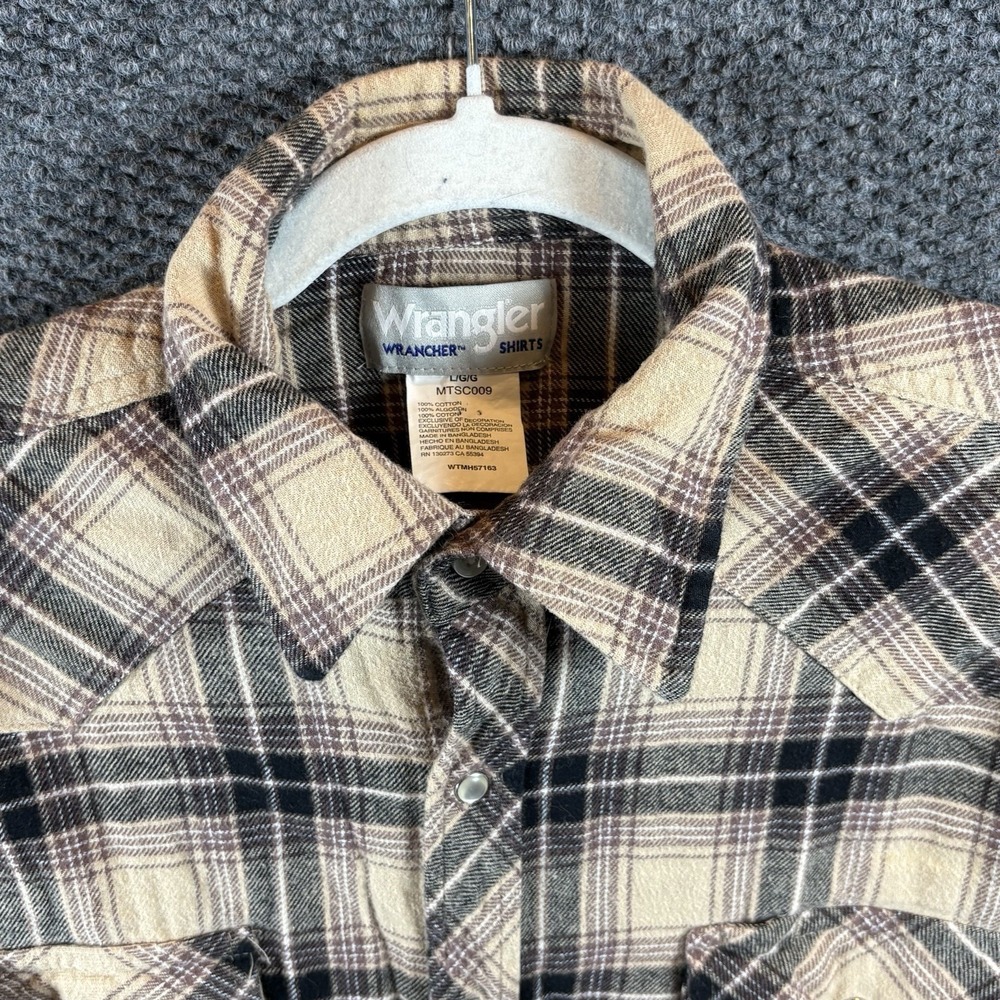 Wrangler Wrancher Mens L Pearl Snap Shirt Brown Flannel‎ Plaid Western